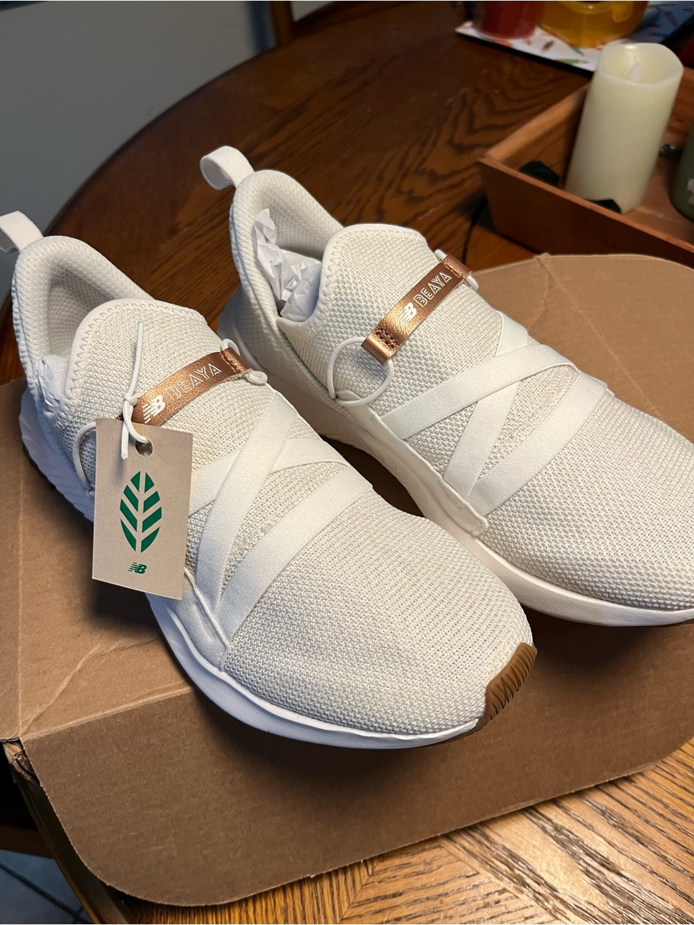 New Balance Women's Cream Slip-On Knit Sneakers with Rose Gold Accent